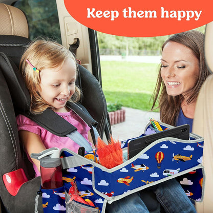 PILLANI Kids Travel Tray for Car - Car Seat Tray with Activity Sheets & Pens, Road Trip Essentials for Car & Airplane, Must Have Toddler Travel Lap Desk Accessories - Road Trip Activities for Kids