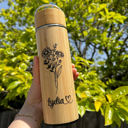 Bamboo Water Bottle Insulated Tea Tumbler for Men Birthday Gift, Women Travel Tea Set with Diffuser for Loose Tea Leaves, Stainless Steel Leak Proof Gift for Mom (15 oz)