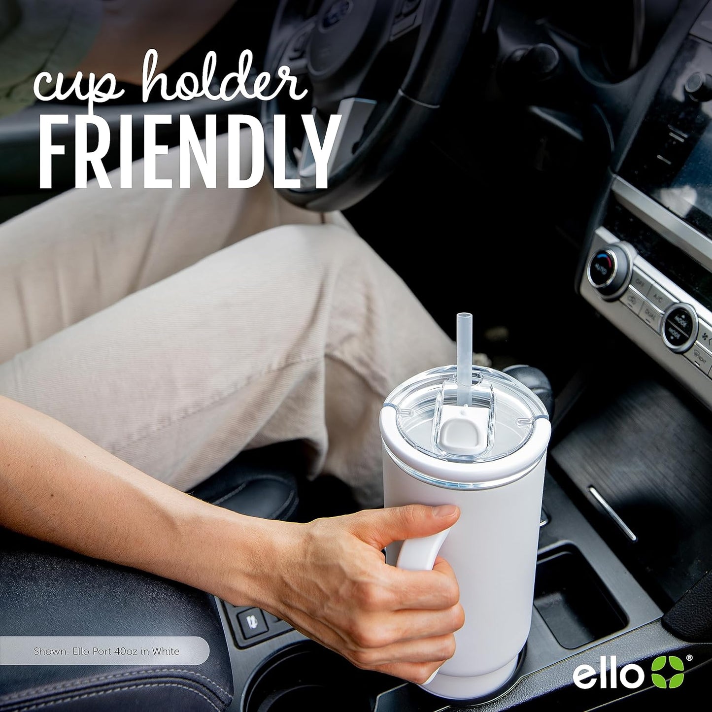 Ello Port 40oz Tumbler with Carry Loop & Integrated Handle, Vacuum Insulated Stainless Steel Reusable Water Bottle, Travel Mug with Leak Proof Lid & Straw, Perfect for Iced Coffee & Tea, White