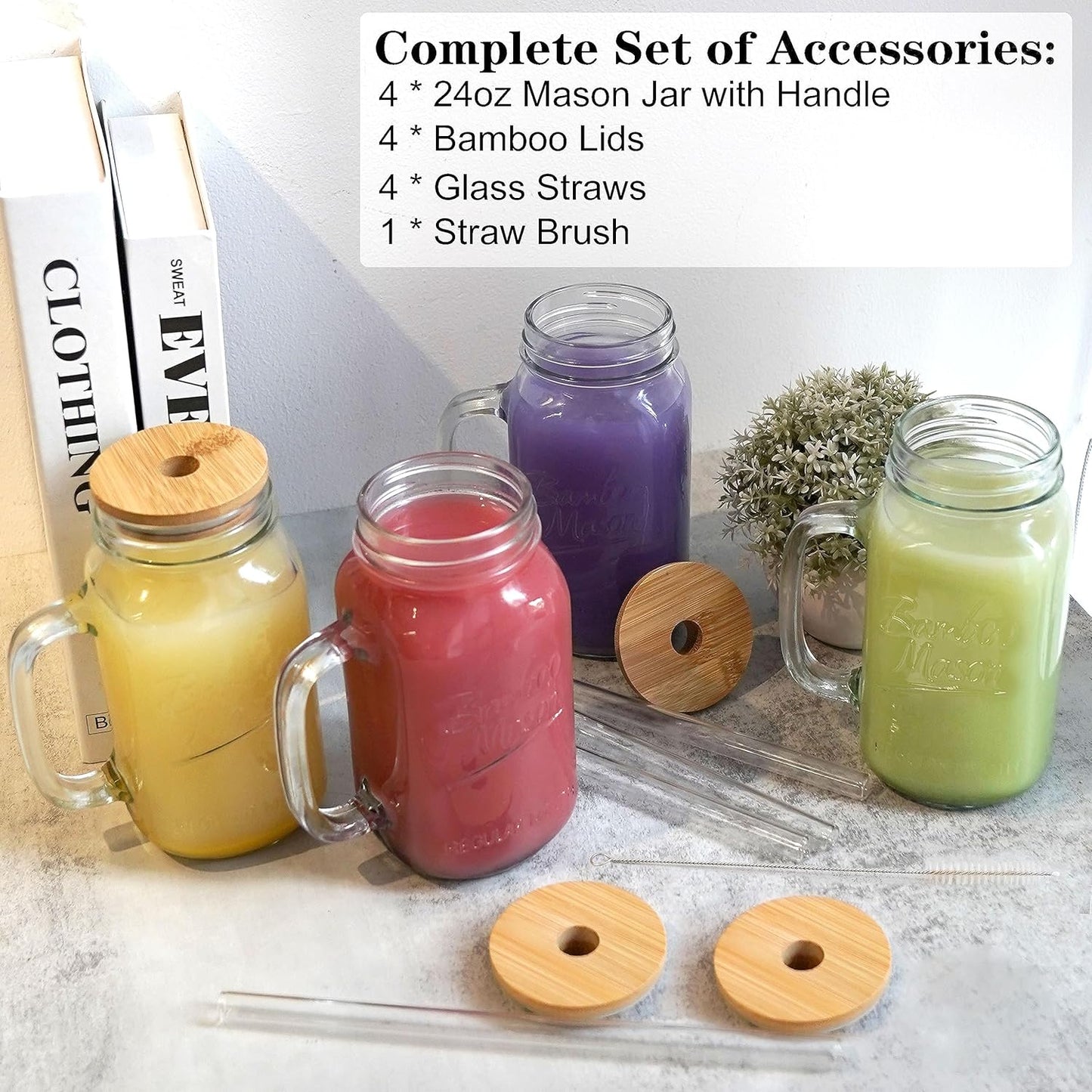 ANOTION Mason Jar Iced Coffee Cup with Lid and Straw, 24oz Regular Mouth Mason Jars with Handle Glass Coffee Drinking Glasses Tumbler Reusable Cups Bottles for Iced Coffee Cups for Travel Office Home