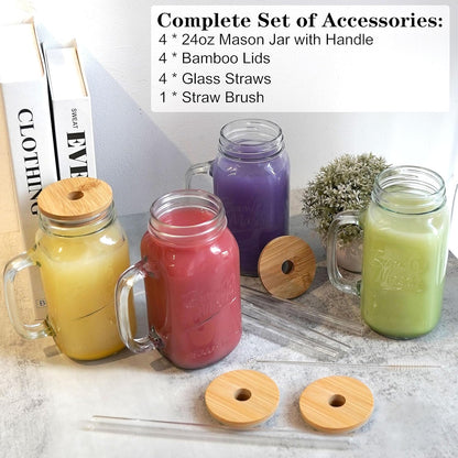 ANOTION Mason Jar Iced Coffee Cup with Lid and Straw, 24oz Regular Mouth Mason Jars with Handle Glass Coffee Drinking Glasses Tumbler Reusable Cups Bottles for Iced Coffee Cups for Travel Office Home