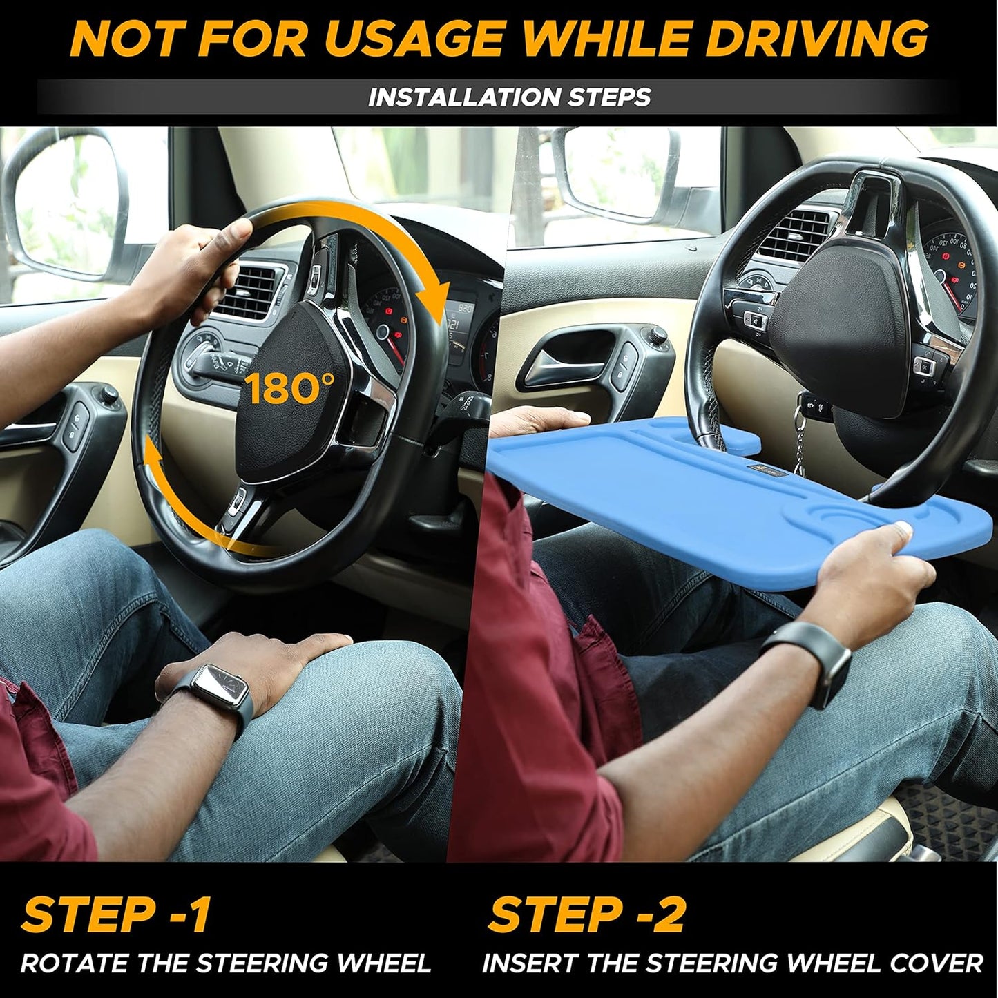 EcoNour 2 in 1 Car Steering Wheel Desk | Tray for Laptop Car Mount with Pen Holder | Desk Console for Car | Food Tray for Eating with Drinks Holder | Multipurpose Travel Car Accessories