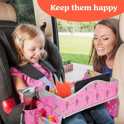 PILLANI Kids Travel Tray for Car - Car Seat Tray with Activity Sheets & Pens, Road Trip Essentials for Car & Airplane, Must Have Toddler Travel Lap Desk Accessories - Road Trip Activities for Kids