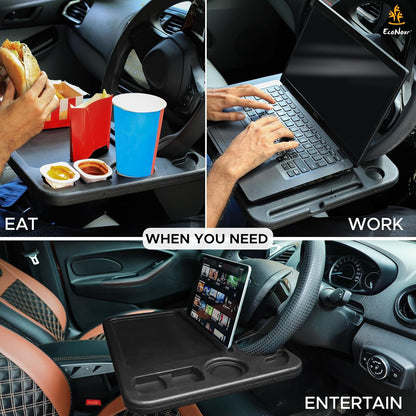 EcoNour 2 in 1 Car Steering Wheel Desk | Tray for Laptop Car Mount with Pen Holder | Desk Console for Car | Food Tray for Eating with Drinks Holder | Multipurpose Travel Car Accessories