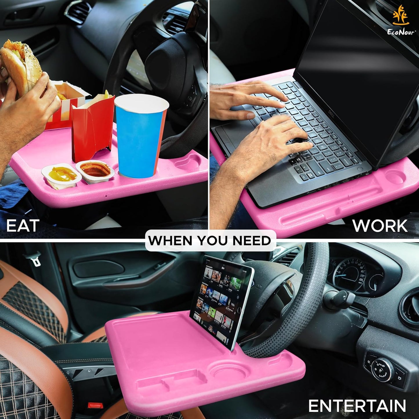 EcoNour 2 in 1 Car Steering Wheel Desk | Tray for Laptop Car Mount with Pen Holder | Desk Console for Car | Food Tray for Eating with Drinks Holder | Multipurpose Travel Car Accessories