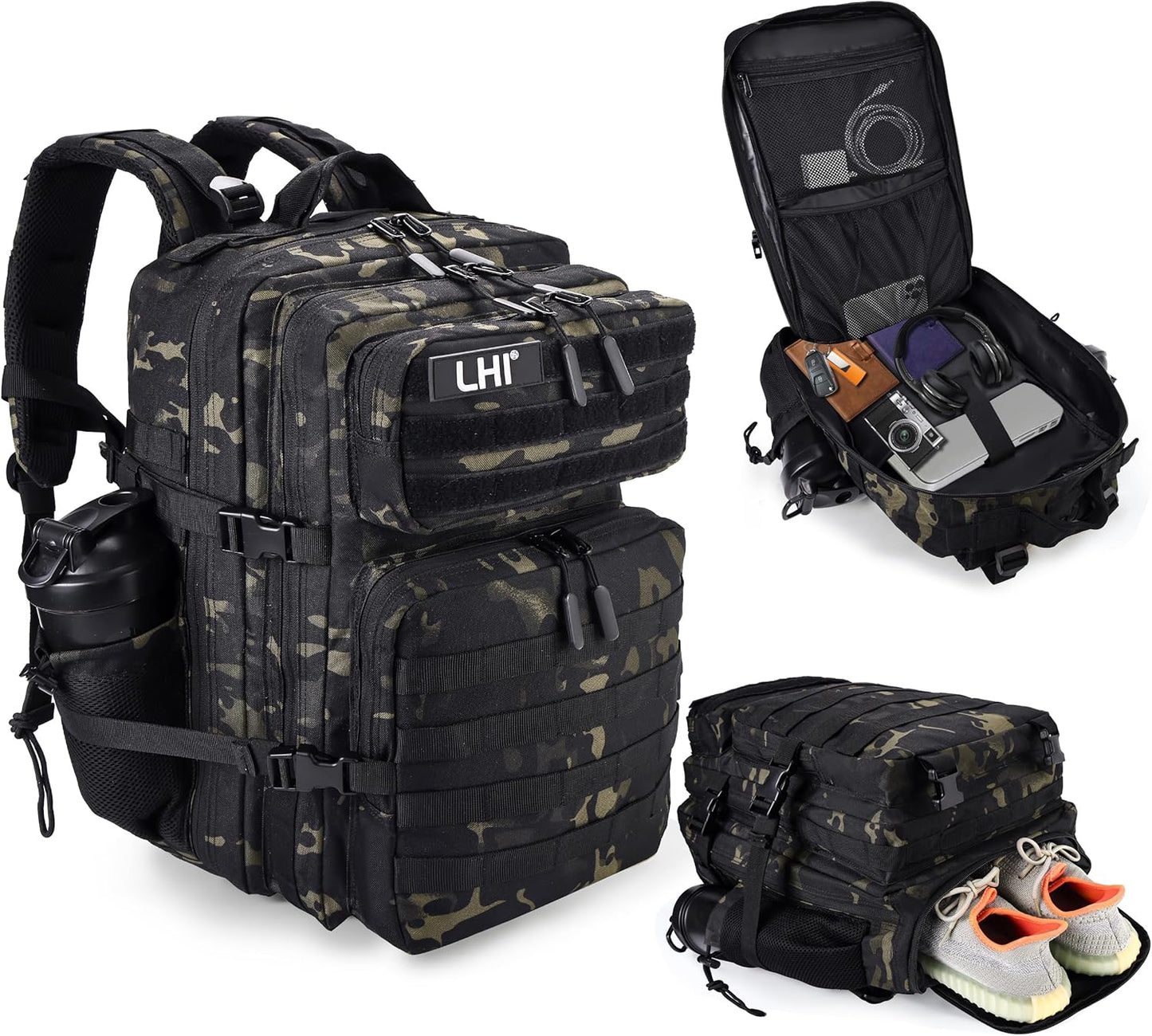 LHI Military Tactical Backpack for Men and Women 45L Army 3 Days Assault Pack Bag Large Rucksack with Molle System - Black - Colors B