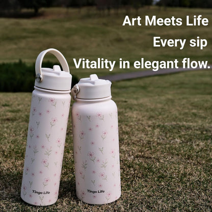25oz Insulated Stainless Steel Aesthetic Cute Water Bottle - 2 Lids Included (Straw + Sport Handle), Leakproof BPA-Free, Dreamy Cream Cute Floral Design, Perfect Gym/Yoga/Office Companion