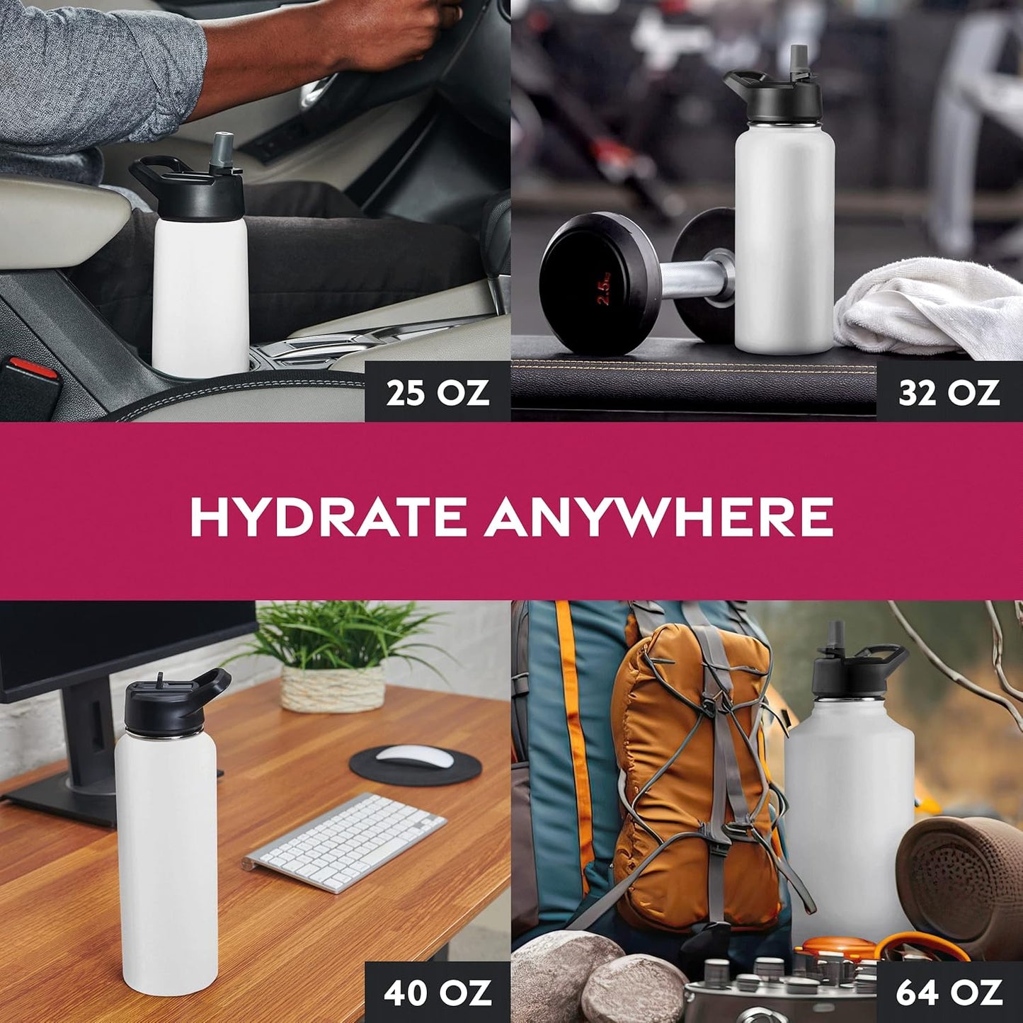 FineDine Water Bottle - Stainless Steel Insulated Water Bottle with Straw Lid, Flip Lid & Wide-Mouth Cap - Keeps Hot and Cold - 25 Oz / 739ml - Dreamy Purple