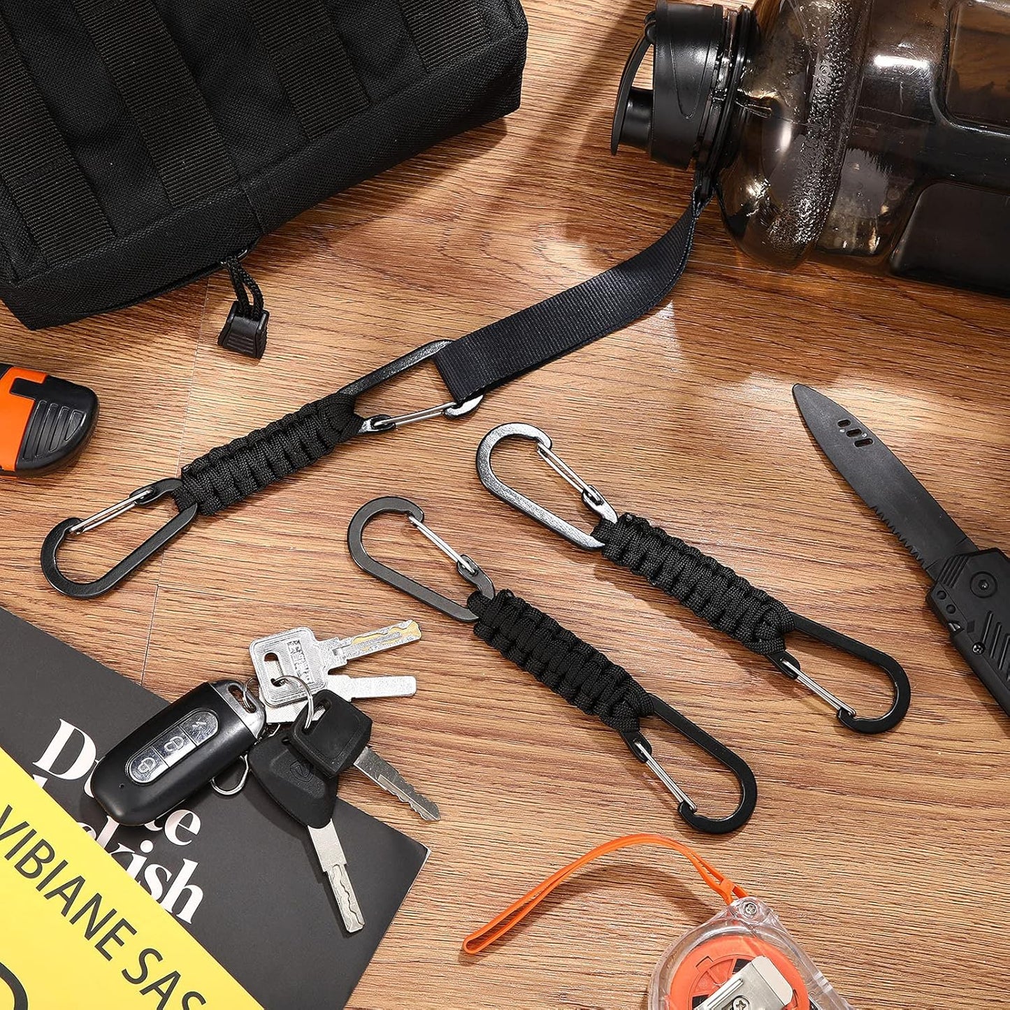 Ferraycle 5 Pcs Paracord Keychain Carabiner Clip Braided Lanyard Water Bottle Clips Tactical Keychain Backpack Accessories