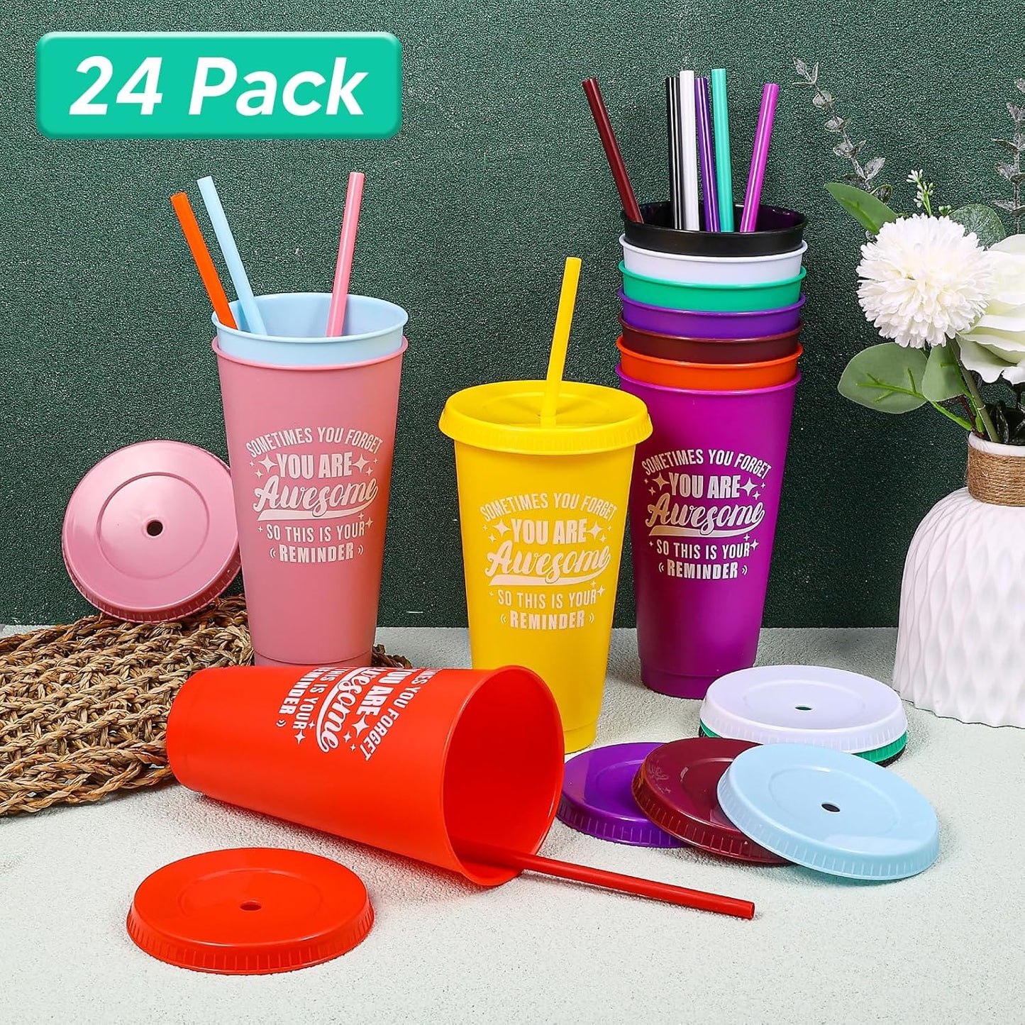24 Pack Plastic Tumblers with Lids and Straw, Reusable Cups with Lids and Straws Colorful Cups for Cold Drink Iced Coffee, Plastic Tumbler Bulk for Party Birthday Gifts (24 oz, Stylish Colors)