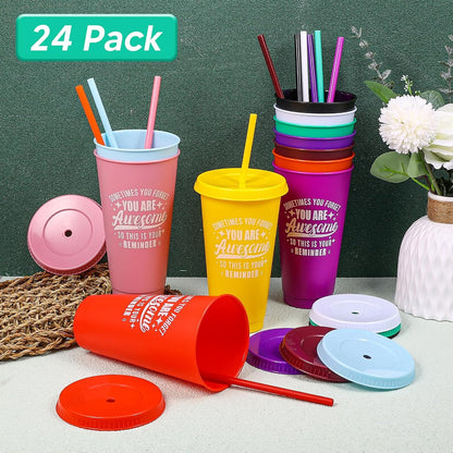 24 Pack Plastic Tumblers with Lids and Straw, Reusable Cups with Lids and Straws Colorful Cups for Cold Drink Iced Coffee, Plastic Tumbler Bulk for Party Birthday Gifts (24 oz, Stylish Colors)