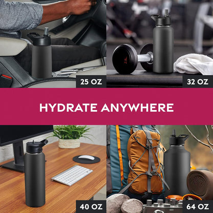 FineDine Water Bottle - Stainless Steel Insulated Water Bottle with Straw Lid, Flip Lid & Wide-Mouth Cap - Keeps Hot and Cold - 25 Oz / 739ml - Dreamy Purple