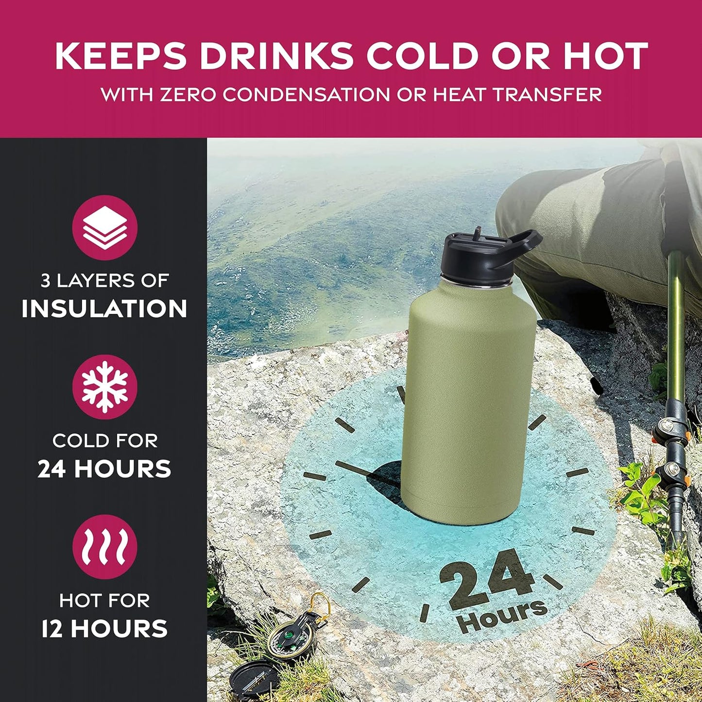 FineDine Water Bottle - Stainless Steel Insulated Water Bottle with Straw Lid, Flip Lid & Wide-Mouth Cap - Keeps Hot and Cold - 25 Oz / 739ml - Dreamy Purple