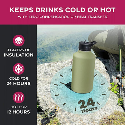 FineDine Water Bottle - Stainless Steel Insulated Water Bottle with Straw Lid, Flip Lid & Wide-Mouth Cap - Keeps Hot and Cold - 25 Oz / 739ml - Dreamy Purple