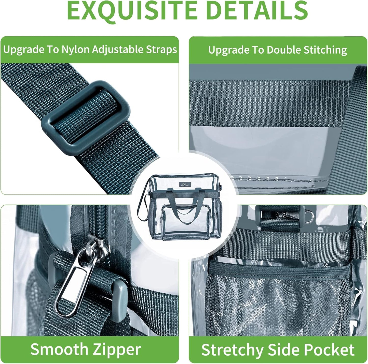 MAY TREE Clear Bag for Stadium Events, 12×5.5×12 Clear Tote Lunch Bag with Non-detachable Reinforced Straps for Work, Sporting Events and Gym, Black