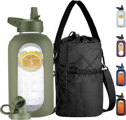 CIVAGO 32 oz Glass Water Bottle with Straw and Insulated Bottle Holder Sling, Motivational Water jug with Time Marker and Silicone Sleeve, Large Sport Water Flask with 2 Lids, Black
