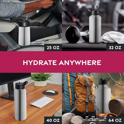 FineDine Water Bottle - Stainless Steel Insulated Water Bottle with Straw Lid, Flip Lid & Wide-Mouth Cap - Keeps Hot and Cold - 25 Oz / 739ml - Dreamy Purple