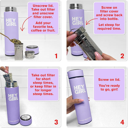 Hey Girl Tea Infuser Bottle 450ml - Insulated Stainless Steel Water Bottle - Tea Tumbler with Tea Diffuser - Portable Travel Mug for Loose Leaf Tea & Infused Water - Tea Lovers Gifts for Women (Pink)