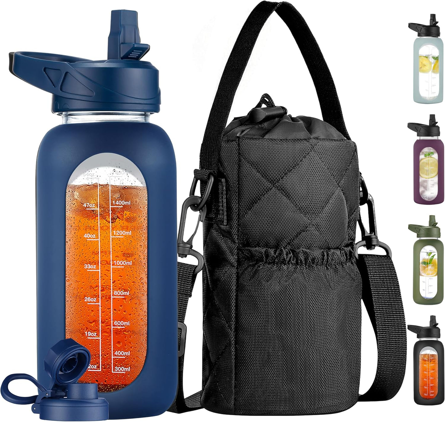 CIVAGO 32 oz Glass Water Bottle with Straw and Insulated Bottle Holder Sling, Motivational Water jug with Time Marker and Silicone Sleeve, Large Sport Water Flask with 2 Lids, Black