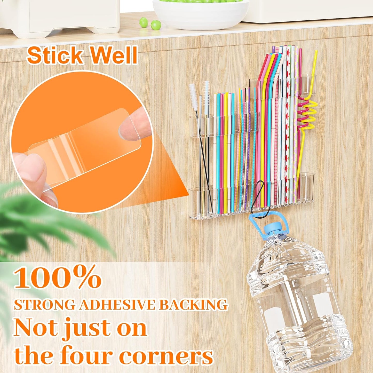 Upgraded 9.84" Large Straw Holder for Cabinet Door, 3-Part Adjustable Straw Organizer Storage with Strong Adhesive Double-sided Tape, Ultra Sticky Under-Cabinet Mount Storage (Transparent)
