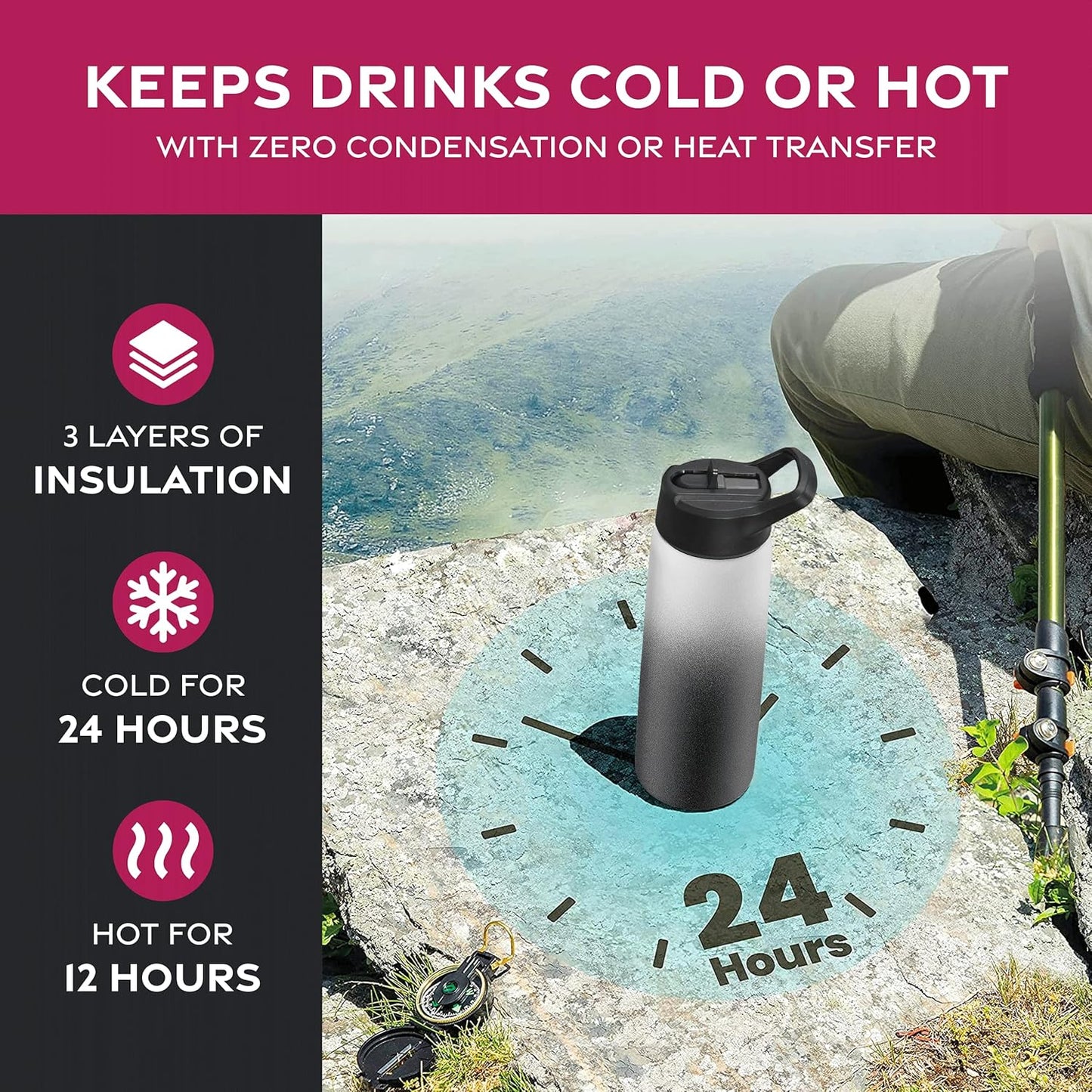 FineDine Water Bottle - Stainless Steel Insulated Water Bottle with Straw Lid, Flip Lid & Wide-Mouth Cap - Keeps Hot and Cold - 25 Oz / 739ml - Dreamy Purple