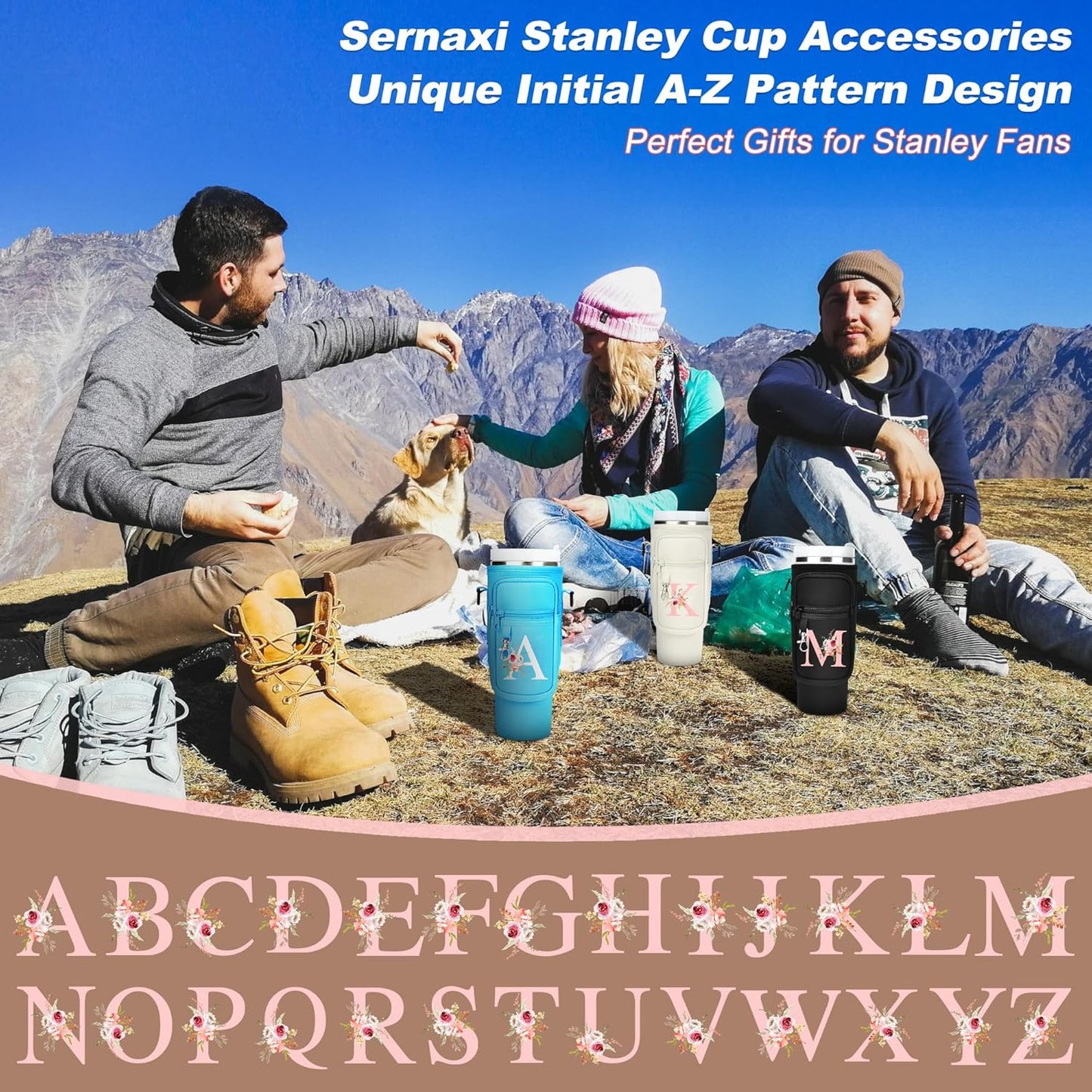 Initial Water Bottle Holder with Strap for Stanley Cup Accessories 40 oz/Simple Modern Tumbler, Birthdays for Women Girls, Water Bottle Carrier Bag with Phone Pocket,Hiking Walking Gym Camping