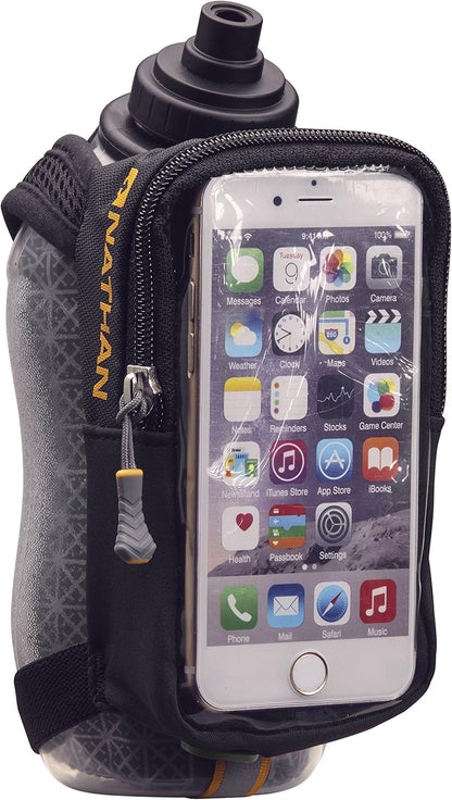 Nathan SpeedDraw 2 Insulated Handheld Running Water Bottle Flask 18oz – Double-Wall Insulation, Ergonomic Grip, Blast Valve Cap, Phone & Key Storage Pockets, Reflective Design