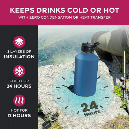 FineDine Water Bottle - Stainless Steel Insulated Water Bottle with Straw Lid, Flip Lid & Wide-Mouth Cap - Keeps Hot and Cold - 25 Oz / 739ml - Dreamy Purple