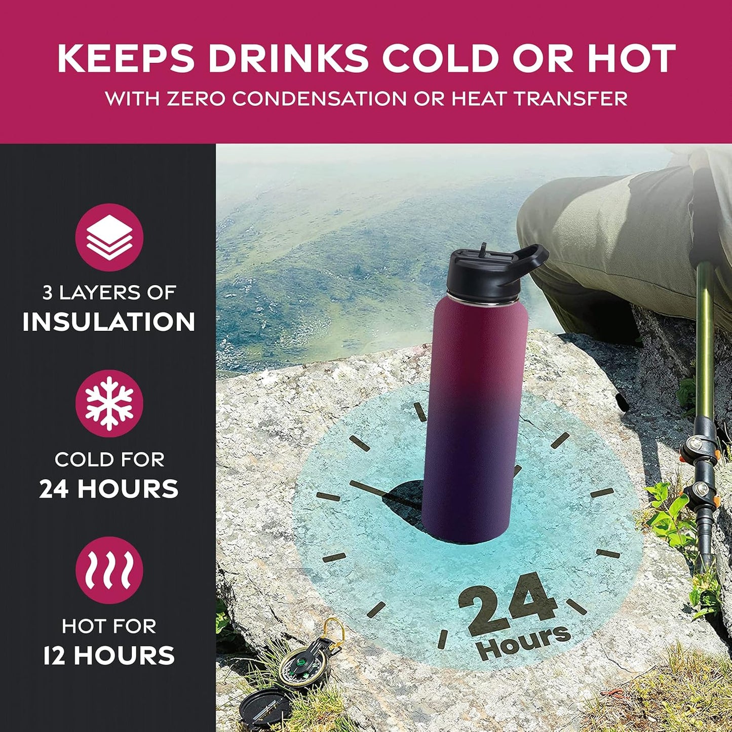 FineDine Water Bottle - Stainless Steel Insulated Water Bottle with Straw Lid, Flip Lid & Wide-Mouth Cap - Keeps Hot and Cold - 25 Oz / 739ml - Dreamy Purple
