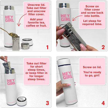 Hey Girl Tea Infuser Bottle 450ml - Insulated Stainless Steel Water Bottle - Tea Tumbler with Tea Diffuser - Portable Travel Mug for Loose Leaf Tea & Infused Water - Tea Lovers Gifts for Women (Pink)