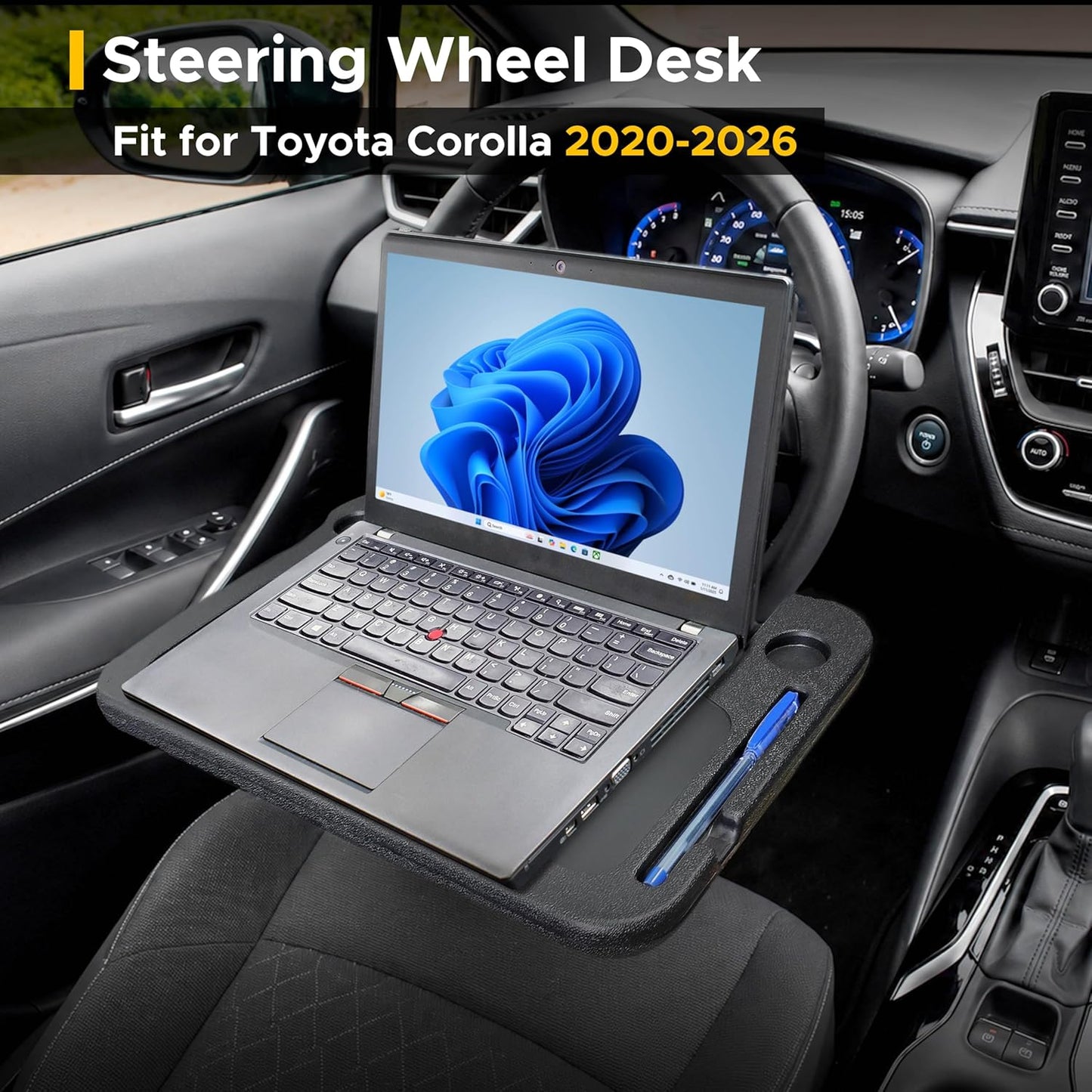 EcoNour 2 in 1 Car Steering Wheel Desk | Tray for Laptop Car Mount with Pen Holder | Desk Console for Car | Food Tray for Eating with Drinks Holder | Multipurpose Travel Car Accessories