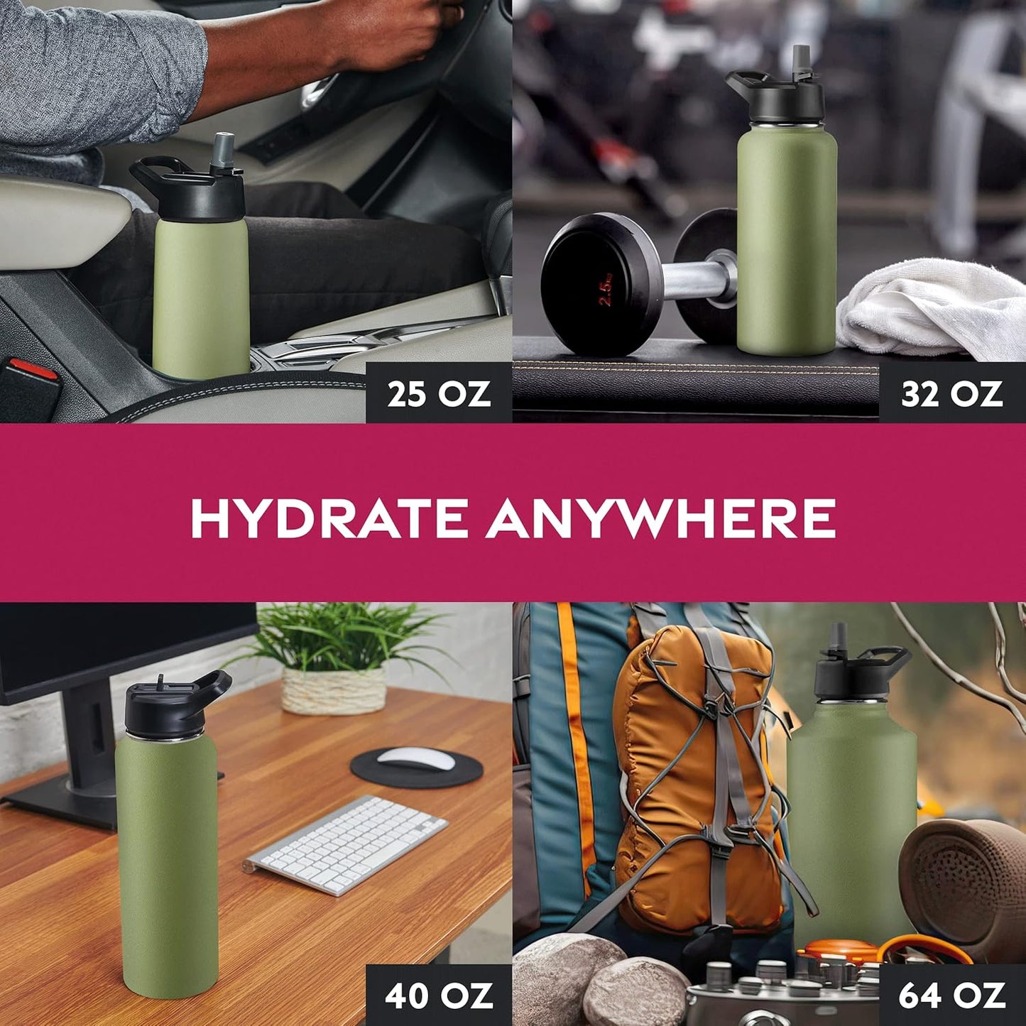 FineDine Water Bottle - Stainless Steel Insulated Water Bottle with Straw Lid, Flip Lid & Wide-Mouth Cap - Keeps Hot and Cold - 25 Oz / 739ml - Dreamy Purple