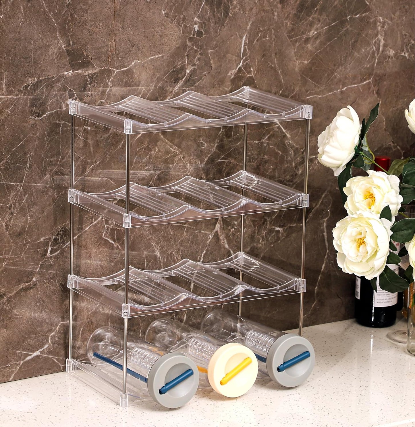 IEEK 3 Tier Stackable Wine and Water Bottle Holder Free-Standing Fridge Wine Bottle Organizers Clear Plastic Water Bottle Holder for Cabinet,Refrigerator,Pantry,Kitchen Countertops,Holds 9 Bottles