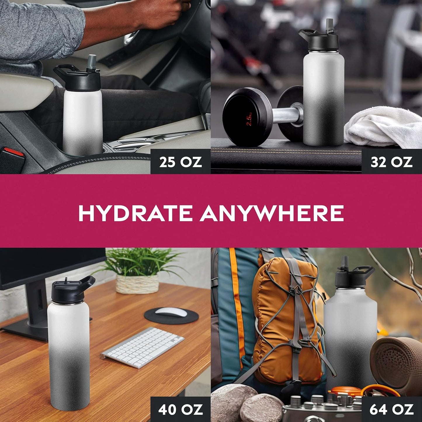 FineDine Water Bottle - Stainless Steel Insulated Water Bottle with Straw Lid, Flip Lid & Wide-Mouth Cap - Keeps Hot and Cold - 25 Oz / 739ml - Dreamy Purple
