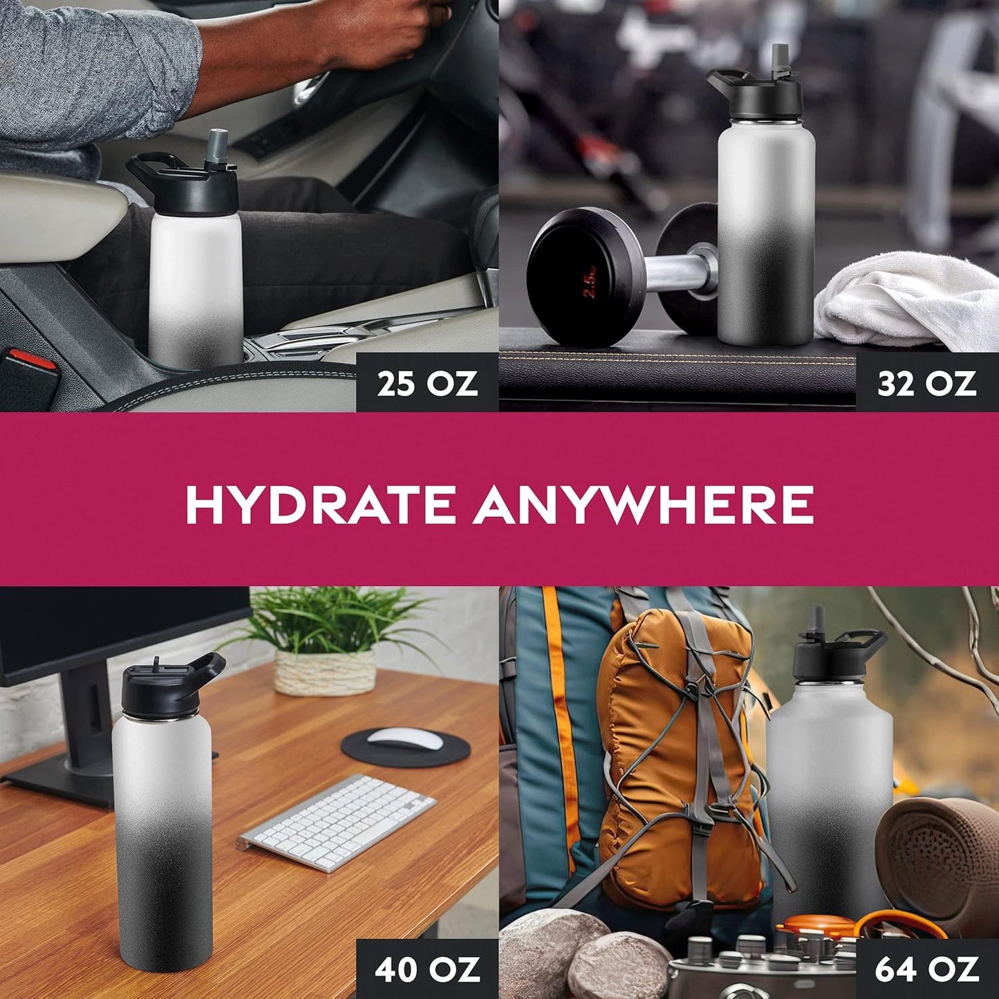 FineDine Water Bottle - Stainless Steel Insulated Water Bottle with Straw Lid, Flip Lid & Wide-Mouth Cap - Keeps Hot and Cold - 25 Oz / 739ml - Dreamy Purple