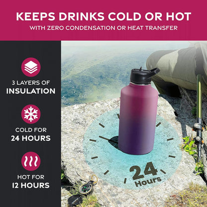 FineDine Water Bottle - Stainless Steel Insulated Water Bottle with Straw Lid, Flip Lid & Wide-Mouth Cap - Keeps Hot and Cold - 25 Oz / 739ml - Dreamy Purple