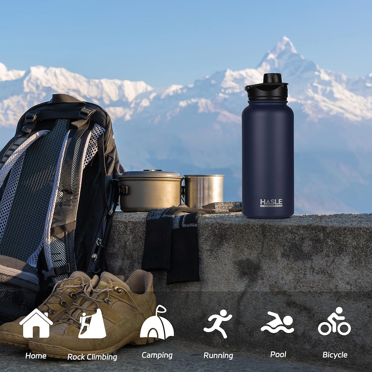 HASLE OUTFITTERS 32 oz Insulated Water Bottle Stainless Steel Double Walled Vacuum Sports Water Bottle with 2 Lids (Straw and Spout Lid) for Gym Camping Hiking(Black,1)