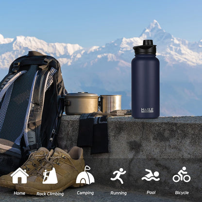 HASLE OUTFITTERS 32 oz Insulated Water Bottle Stainless Steel Double Walled Vacuum Sports Water Bottle with 2 Lids (Straw and Spout Lid) for Gym Camping Hiking(Black,1)