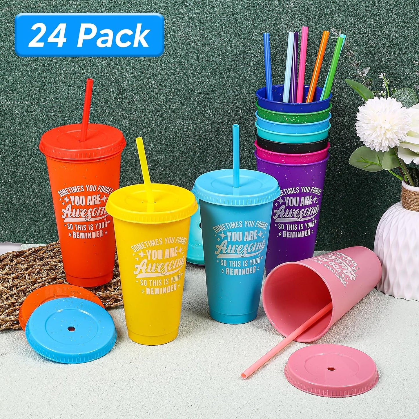 24 Pack Plastic Tumblers with Lids and Straw, Reusable Cups with Lids and Straws Colorful Cups for Cold Drink Iced Coffee, Plastic Tumbler Bulk for Party Birthday Gifts (24 oz, Stylish Colors)
