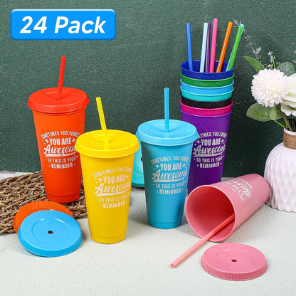 24 Pack Plastic Tumblers with Lids and Straw, Reusable Cups with Lids and Straws Colorful Cups for Cold Drink Iced Coffee, Plastic Tumbler Bulk for Party Birthday Gifts (24 oz, Stylish Colors)