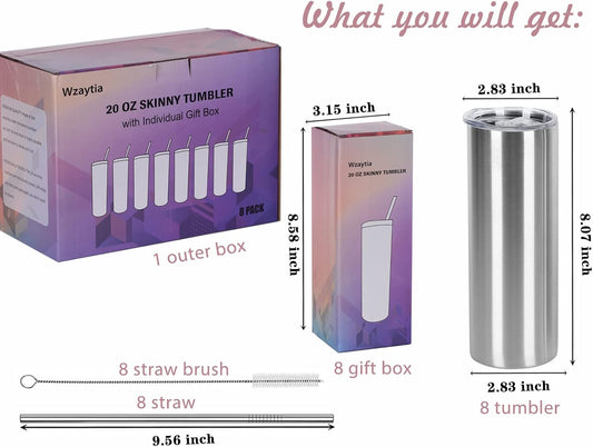 20 Oz Straight Skinny Tumblers, Individually Gift Boxed Stainless Steel Slim Skinny Tumbler Set Bulk, 20 Oz Insulated Slim Thin Travel Tumbler Cup for Diy, Silver