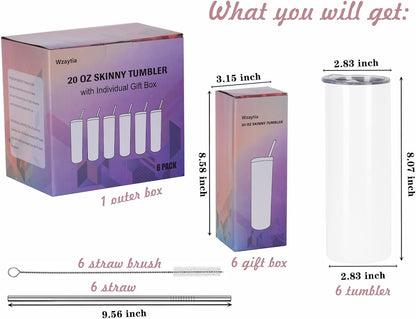 20 Oz Straight Skinny Tumblers, Individually Gift Boxed Stainless Steel Slim Skinny Tumbler Set Bulk, 20 Oz Insulated Slim Thin Travel Tumbler Cup for Diy, Silver