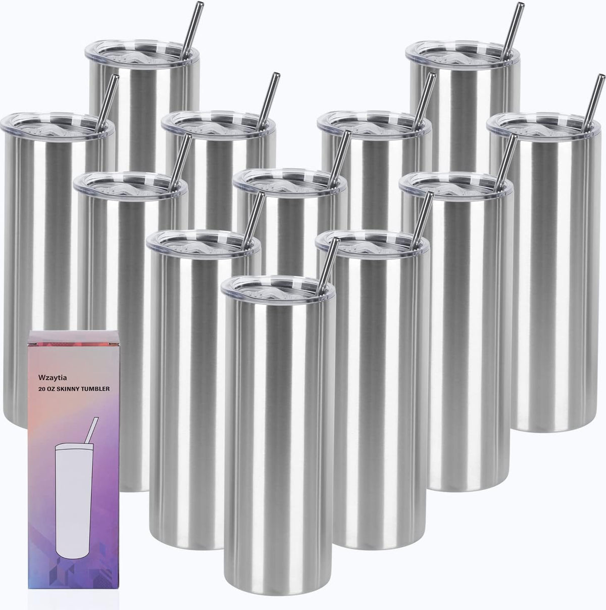 20 Oz Straight Skinny Tumblers, Individually Gift Boxed Stainless Steel Slim Skinny Tumbler Set Bulk, 20 Oz Insulated Slim Thin Travel Tumbler Cup for Diy, Silver