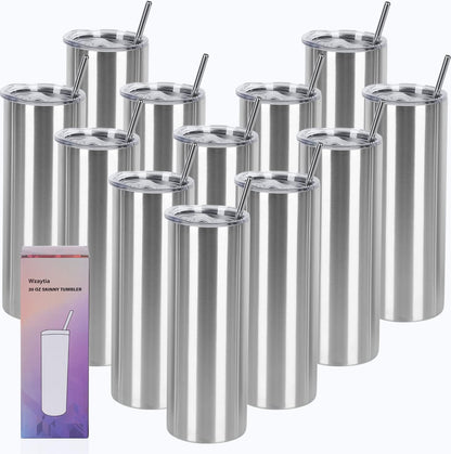 20 Oz Straight Skinny Tumblers, Individually Gift Boxed Stainless Steel Slim Skinny Tumbler Set Bulk, 20 Oz Insulated Slim Thin Travel Tumbler Cup for Diy, Silver