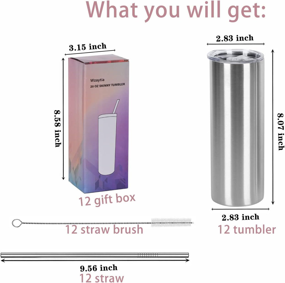 20 Oz Straight Skinny Tumblers, Individually Gift Boxed Stainless Steel Slim Skinny Tumbler Set Bulk, 20 Oz Insulated Slim Thin Travel Tumbler Cup for Diy, Silver