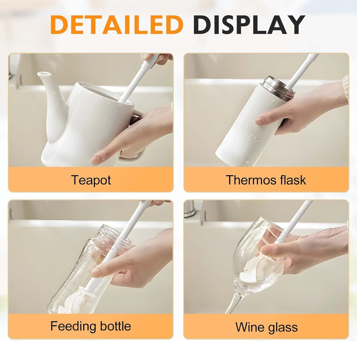 12.4" Silicone Bottle Brush, 3-in-1 Ergonomic Long Handled Cleaning Cup Brush,Water Bottle Cleaner,Deep Cleaning for Baby Bottles,Glassware, Narrow Neck Containers (White)