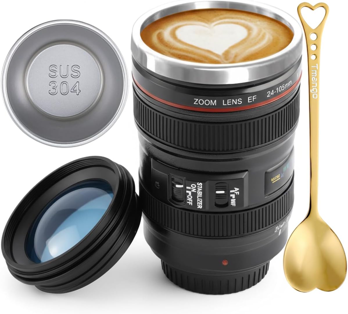Camera Lens Coffee Mug with Slider Lid and Spoon– Realistic DSLR Thermos Cup, Novelty Gift for Photographers, Men & Women