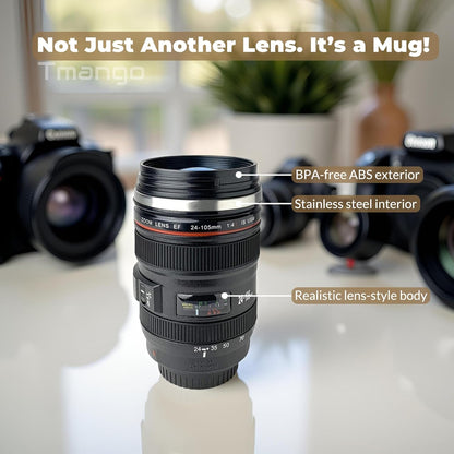 Camera Lens Coffee Mug with Slider Lid and Spoon– Realistic DSLR Thermos Cup, Novelty Gift for Photographers, Men & Women