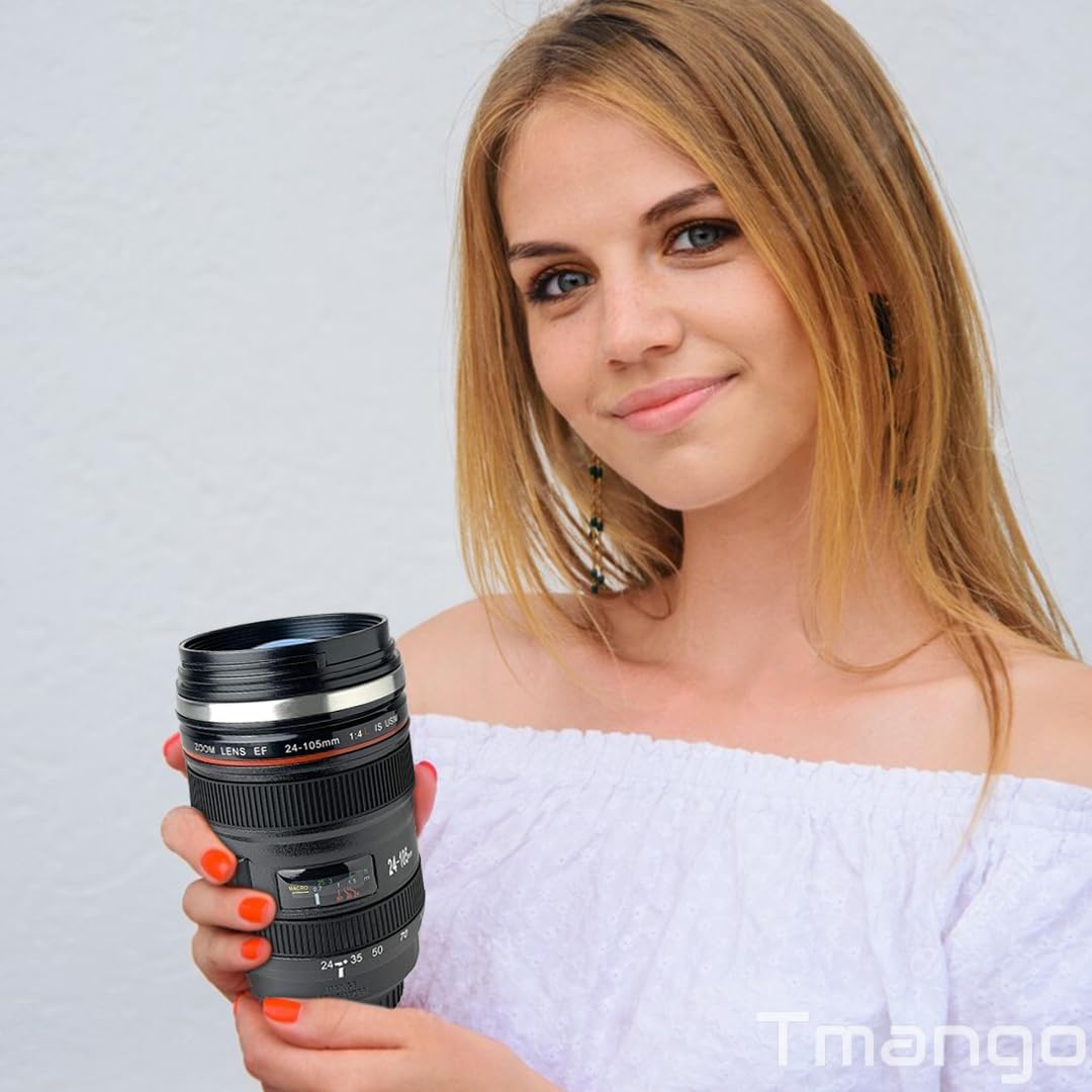 Camera Lens Coffee Mug with Slider Lid and Spoon– Realistic DSLR Thermos Cup, Novelty Gift for Photographers, Men & Women