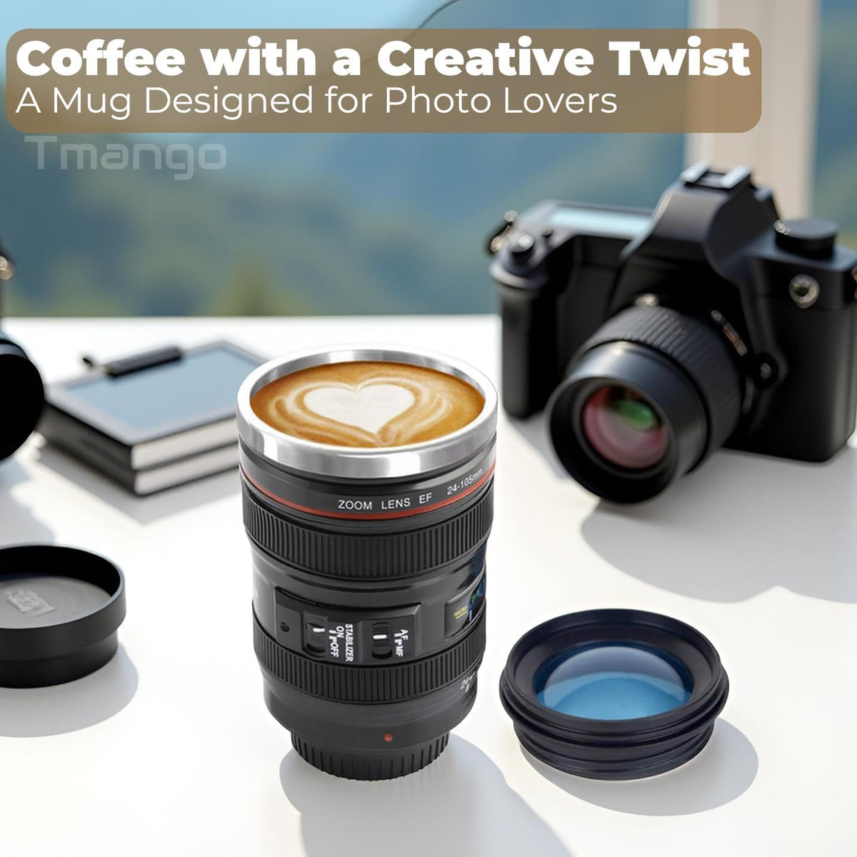 Camera Lens Coffee Mug with Slider Lid and Spoon– Realistic DSLR Thermos Cup, Novelty Gift for Photographers, Men & Women